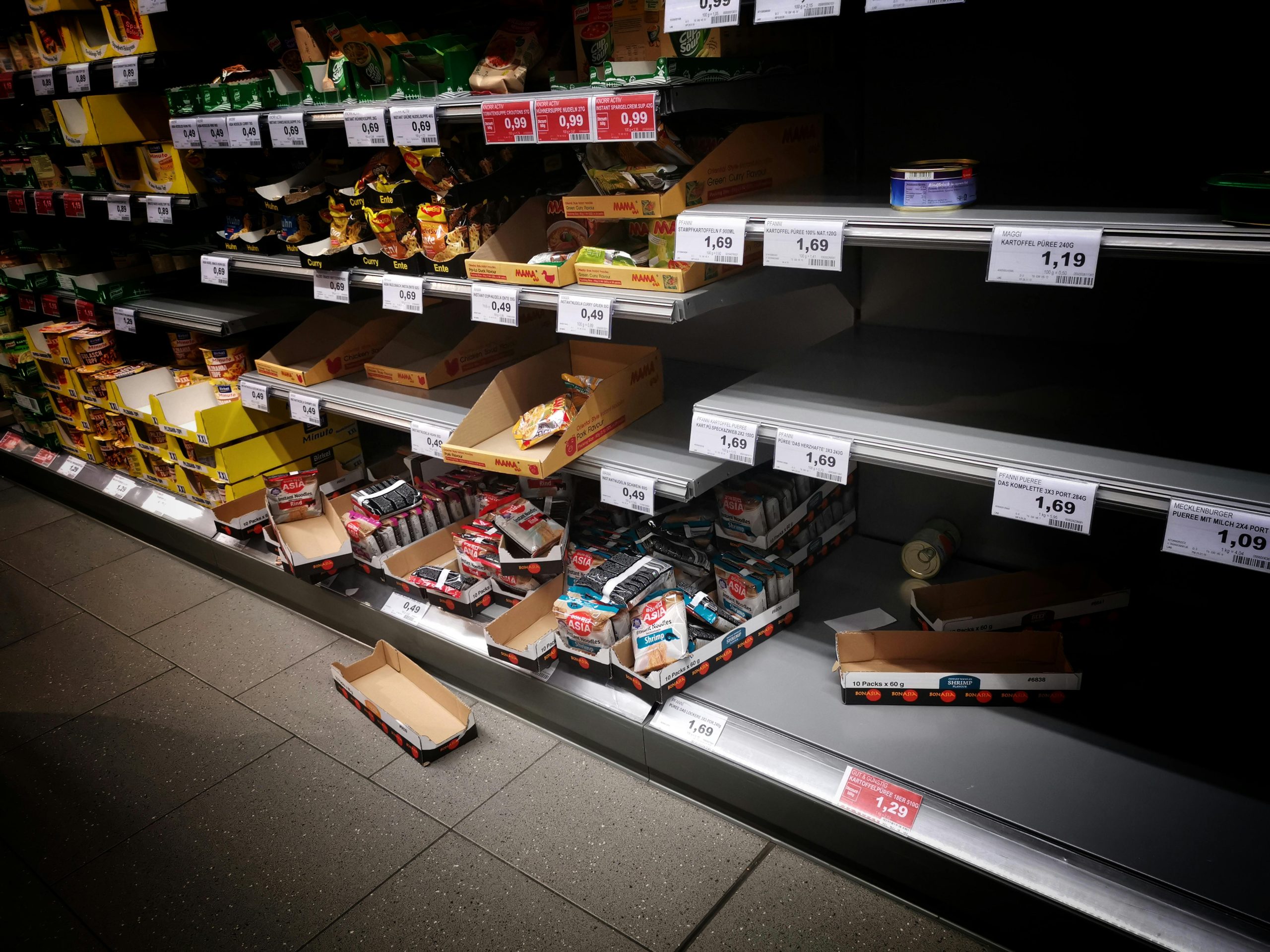 Empty supermarket shelves during an urban survival grid down scenario.