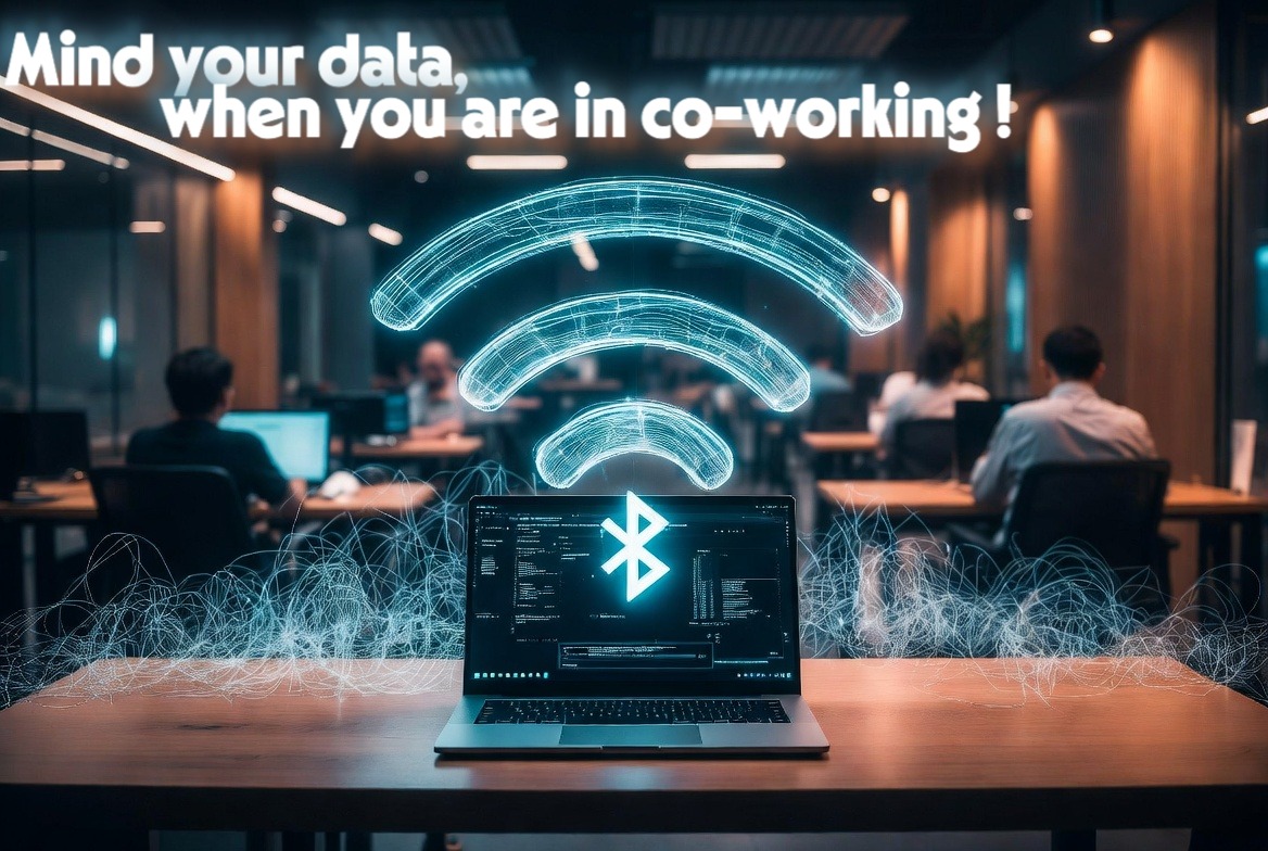 A busy coworking space showing intersecting, invisible Wi-Fi and Bluetooth signals highlighting wireless security threats.