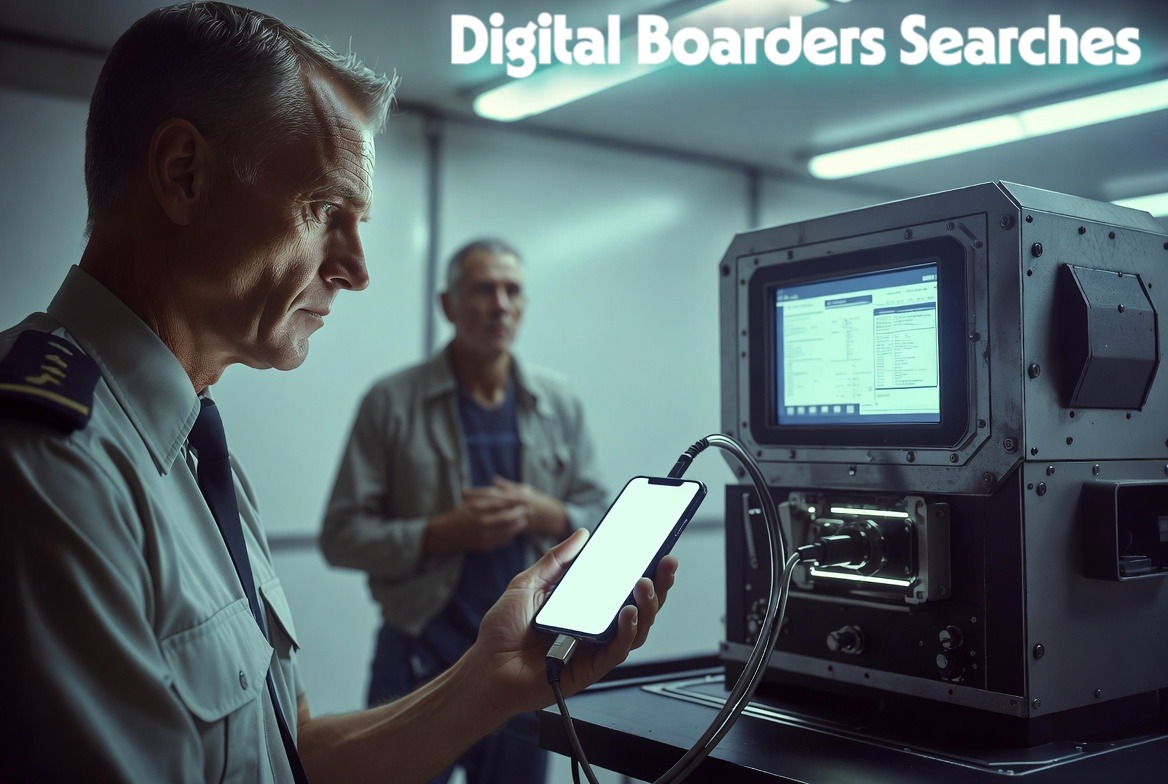 A customs agent executing digital border searches by connecting a smartphone to a forensic extraction machine.