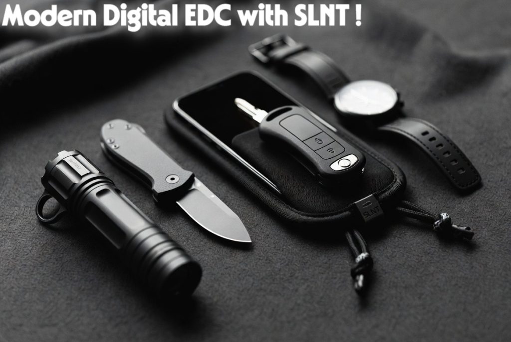 A modern tactical EDC spread featuring a black SLNT Faraday bag to block signals and enforce Digital Gray Man tactics.