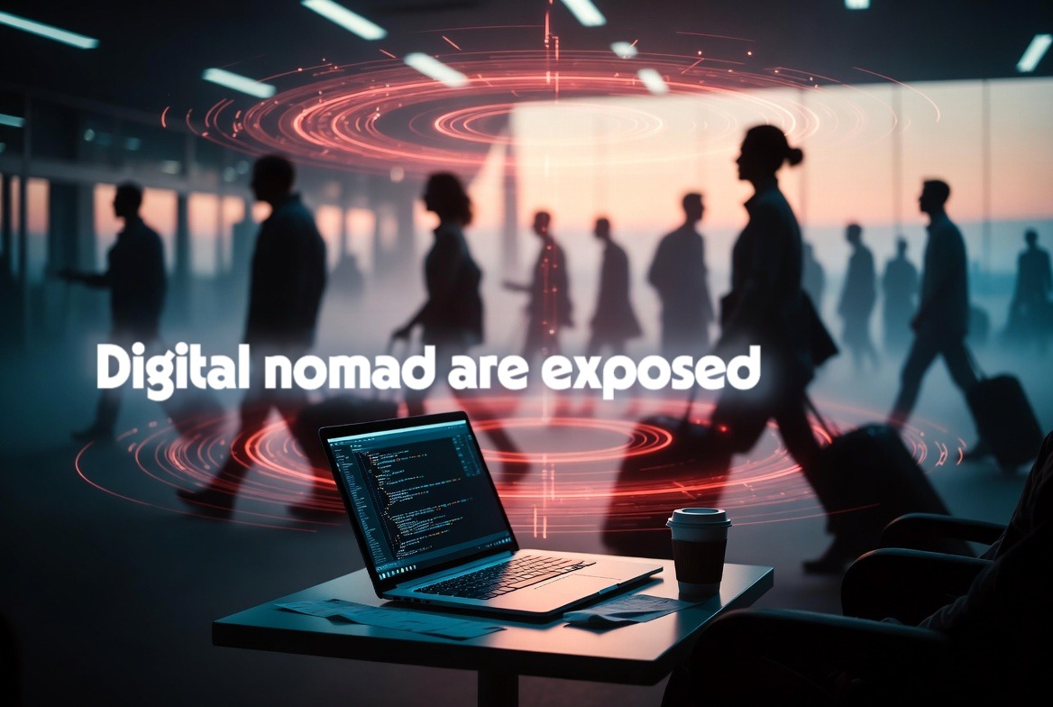 A digital nomad's laptop in a busy airport terminal, targeted by invisible Wi-Fi and Bluetooth scanning threats.