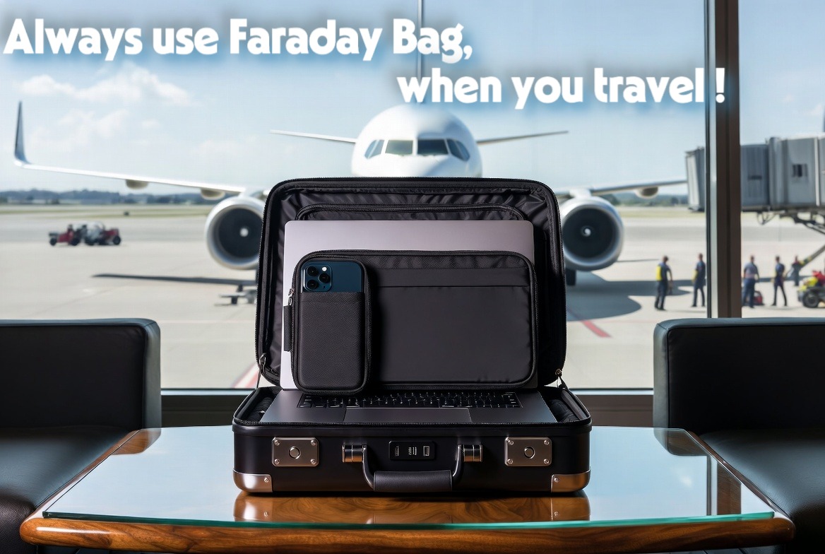 Professional briefcase on an airport lounge table, containing a laptop and smartphone sealed in premium SLNT Faraday sleeves to protect client information.