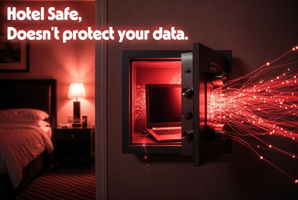 A conceptual image showing wireless data leaking from a laptop inside a hotel safe, highlighting business travel cybersecurity flaws.