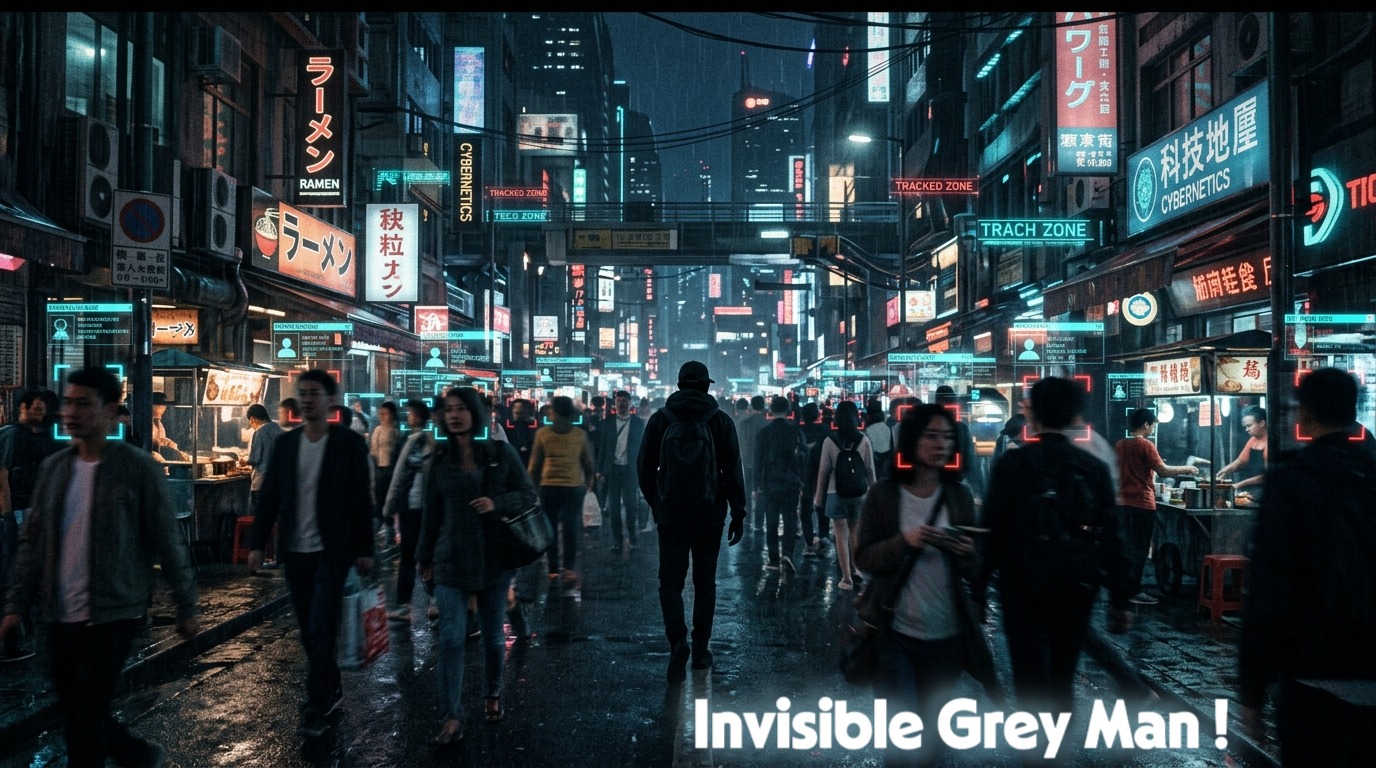 A conceptual illustration of the Digital Gray Man theory, showing a person moving invisibly through a high-tech surveillance city.