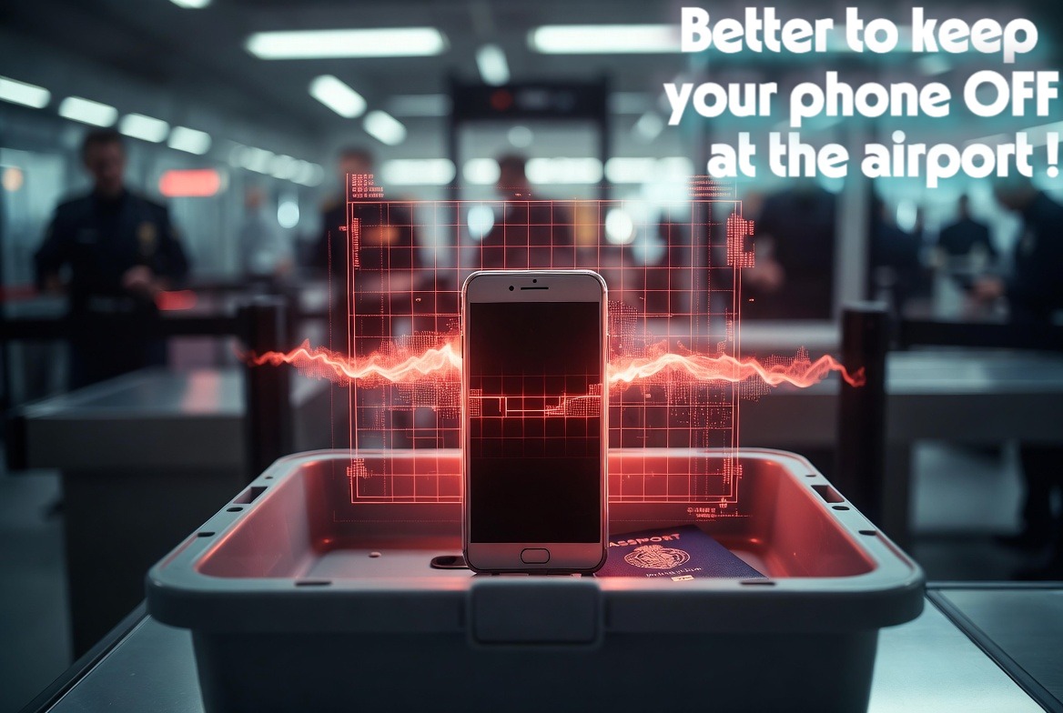 A smartphone and passport in an airport security bin surrounded by digital scanning grids, highlighting border cybersecurity threats.
