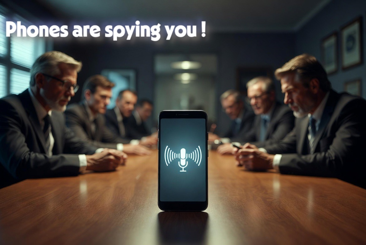 A smartphone on a boardroom table illustrating corporate espionage and confidential meeting vulnerabilities.