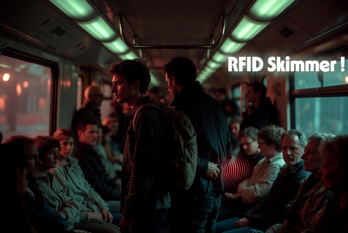 A thief executing stealth RFID skimming on a traveler in a crowded subway train.