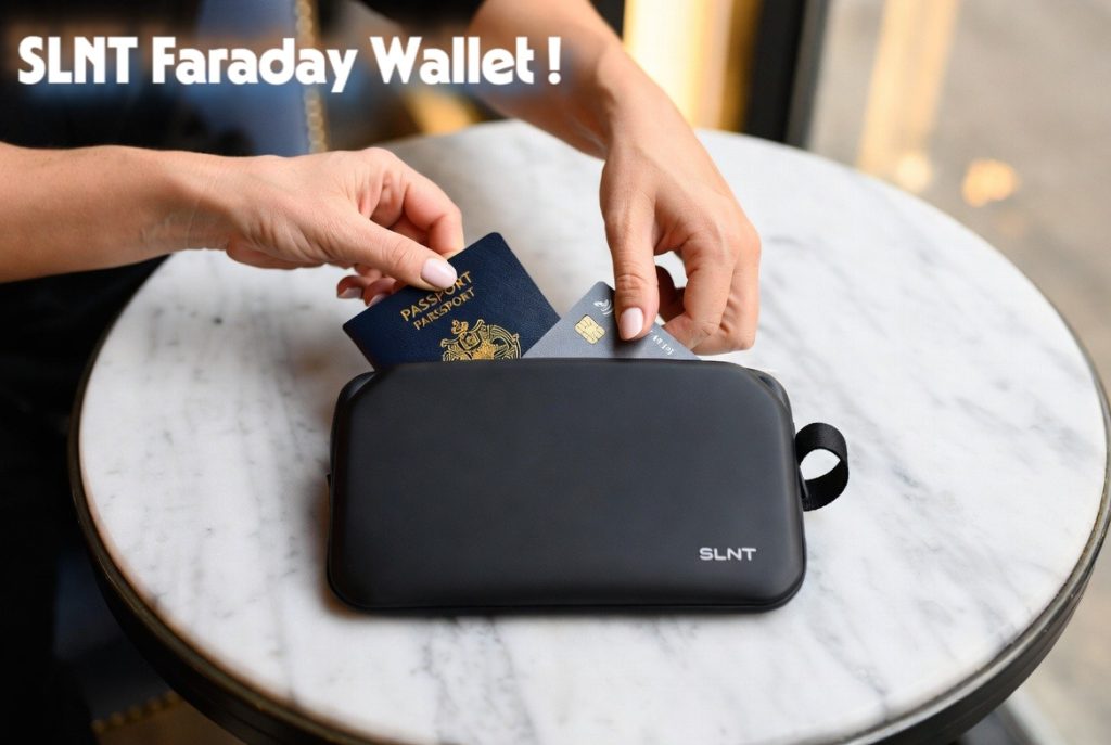 A traveler pulling an e-passport out of a black SLNT Faraday wallet, demonstrating RFID skimming protection abroad.