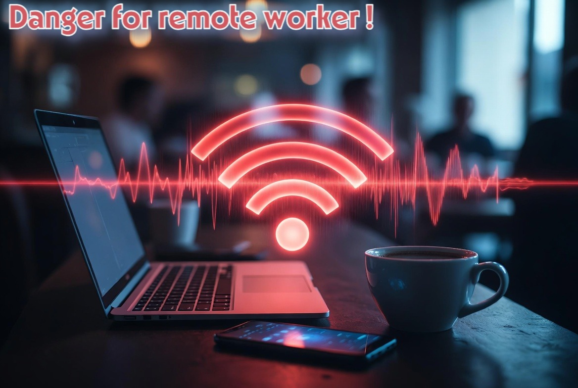 A remote workspace in a cafe overlaid with glowing red waves, illustrating invisible cybersecurity threats.