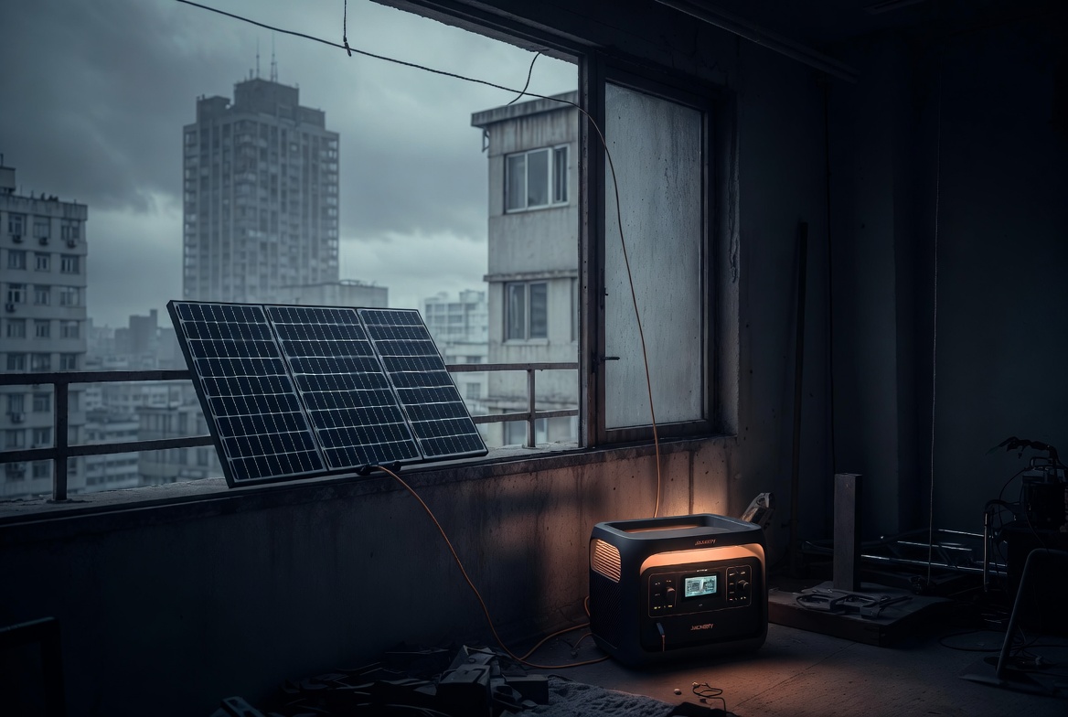 Portable solar panels hidden on an urban balcony charging a power station