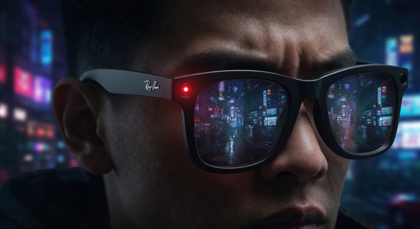 Person wearing Meta smartglasses with a hidden camera reflecting a crowded city street, symbolizing the threat to physical privacy.