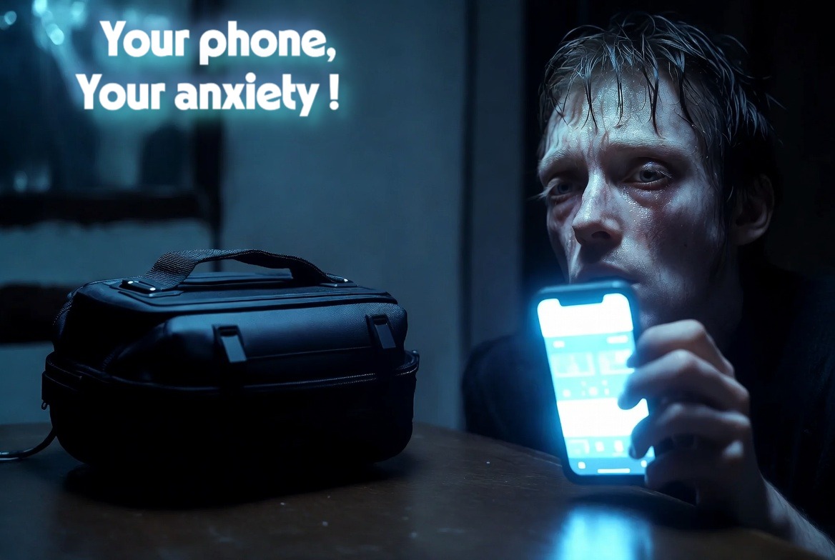 The psychological toll of smartphone addiction contrasted with a protective Faraday bag.