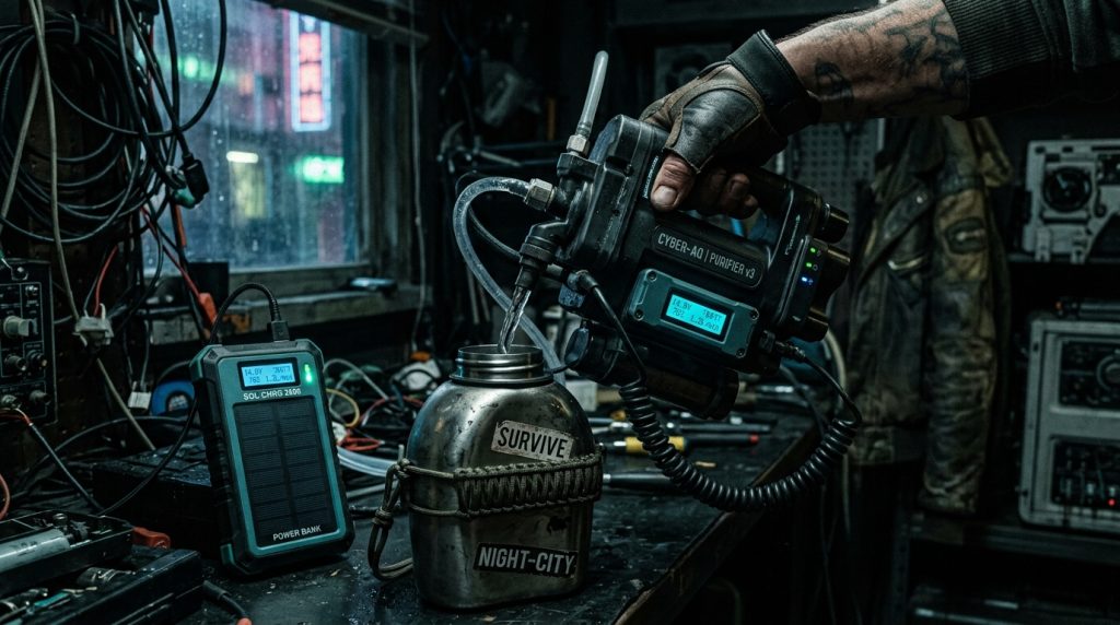 Pouring clean water from a high-tech off grid water filtration system during an urban blackout.