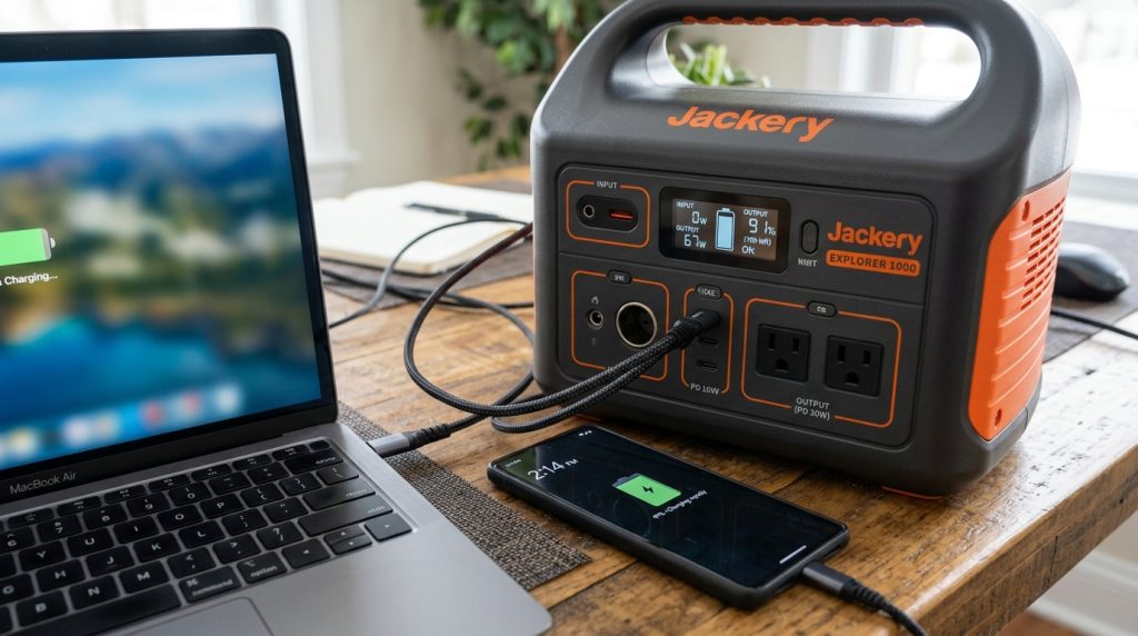 Charging essential remote work gear during a grid failure.
