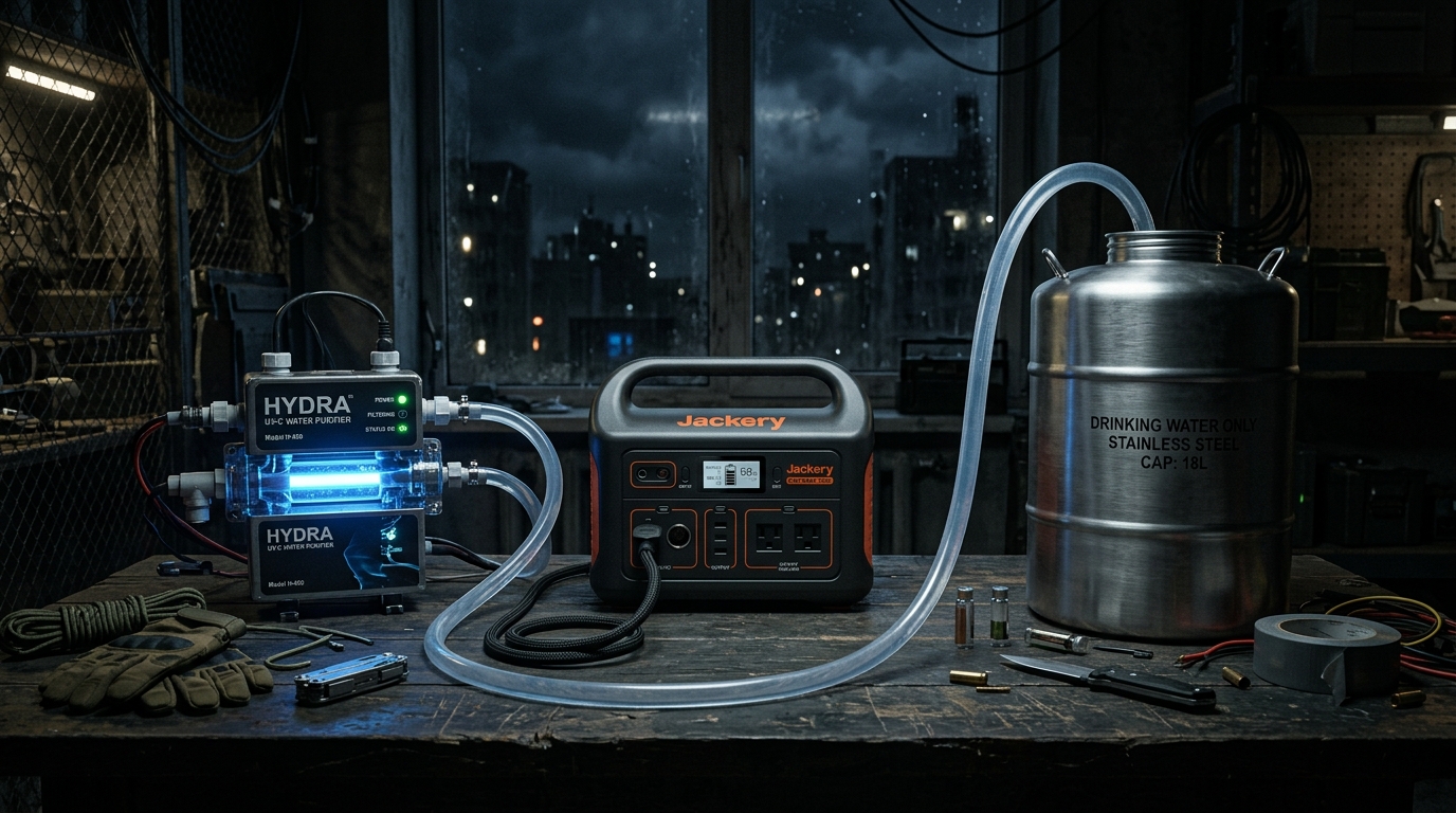 An electric off grid water filtration system powered by a silent solar generator in a SHTF scenario.