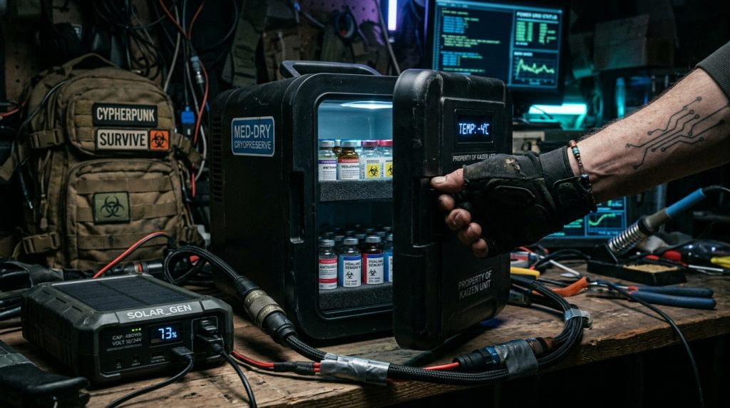 Safely storing essential vials in a portable off-grid fridge during a power outage.