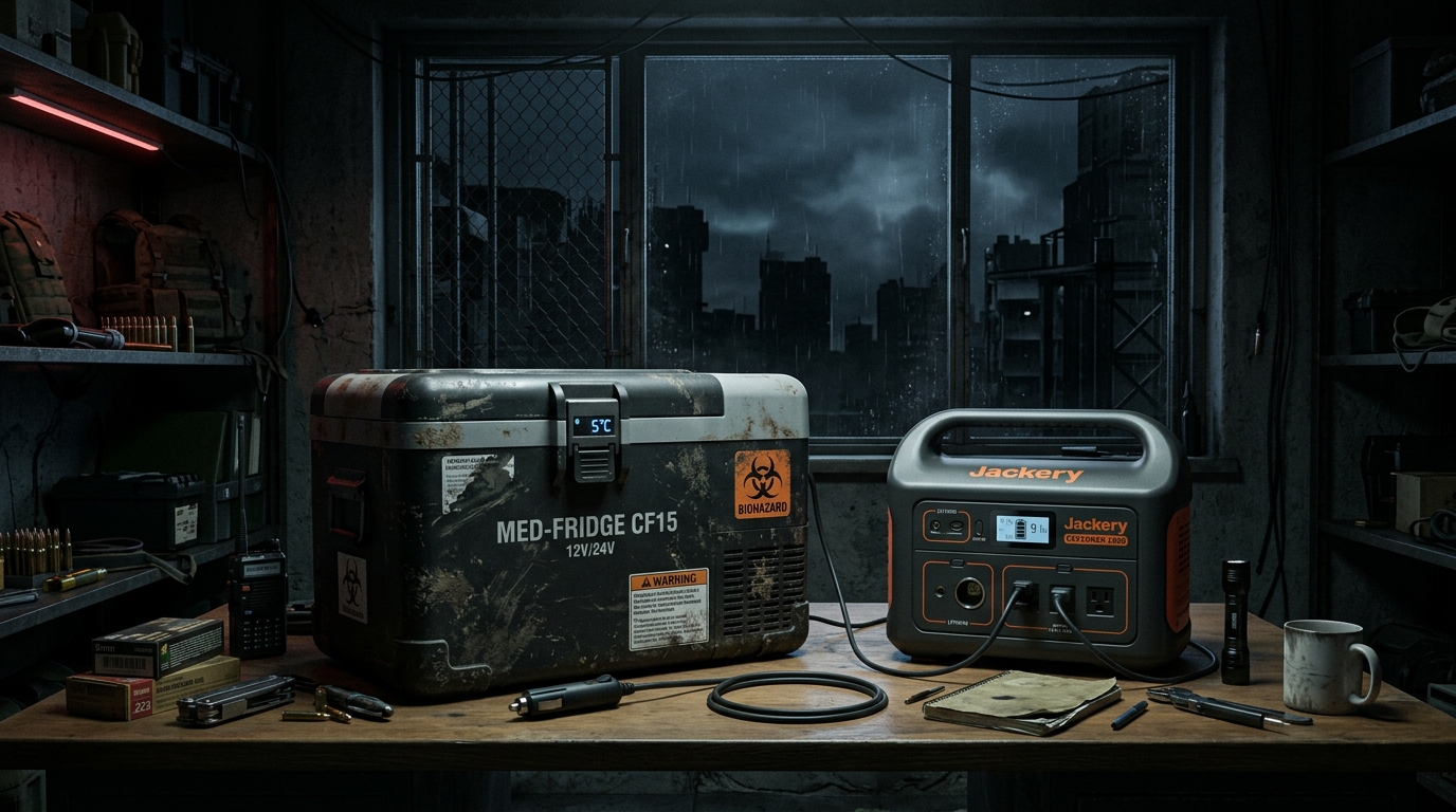 Tactical medical refrigerator powered by a silent solar generator during an urban blackout.