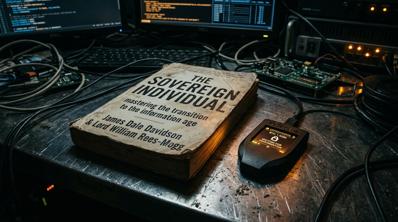 Cover of the book The Sovereign Individual by James Dale Davidson and Lord William Rees-Mogg, foundational text for cypherpunks and digital sovereignty.