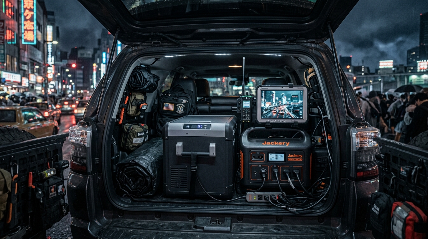 trunk of a dark SUV during an urban evacuation