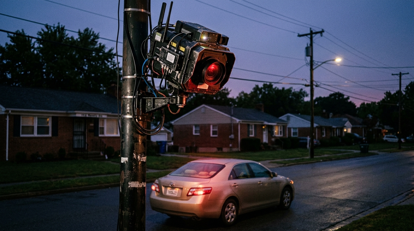Flock Safety ALPR camera scanning a car in a neighborhood, highlighting the death of the Gray Man theory.