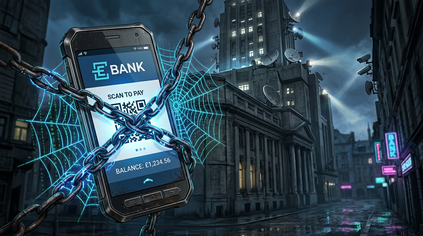 corporate-banking-app-with-a-QR-code-but-the-phone-is-wrapped-in-heavy-iron-chains