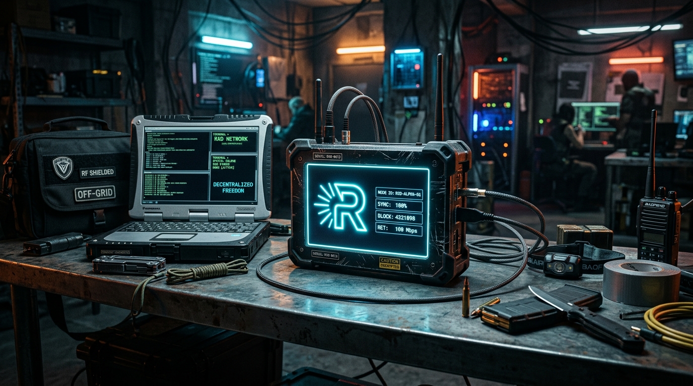Cypherpunk off-grid survival setup featuring a Tangem hardware wallet and a Radiant (RXD) node on a tactical desk, representing true financial sovereignty and Zero Trust.