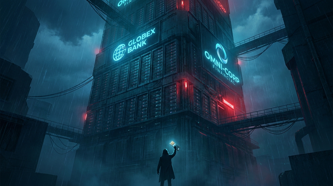 The illusion of decentralized finance (DeFi) exposing the centralized servers and banking 2.0 risks during a financial crash.