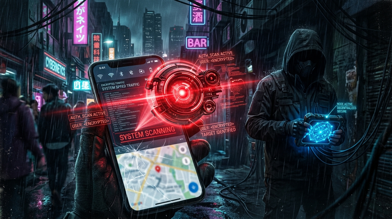 A hyper-realistic cypherpunk digital art showing a modern smartphone screen being scanned by a glowing red, authoritarian digital eye, while a hooded figure in the background holds a device glowing with a secure, blue decentralized network node. Dark, gritty, oppressive surveillance atmosphere.