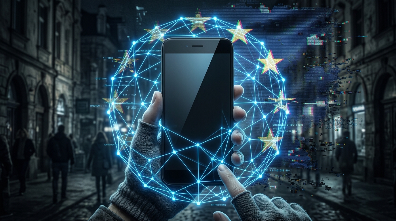 A hyper-realistic digital artwork of a secure, decentralized glowing blue network grid wrapping around a sleek, unmarked smartphone. In the background, a faded out, glitching European Union flag, symbolizing the rejection of centralized surveillance. Cypherpunk aesthetic, high contrast.