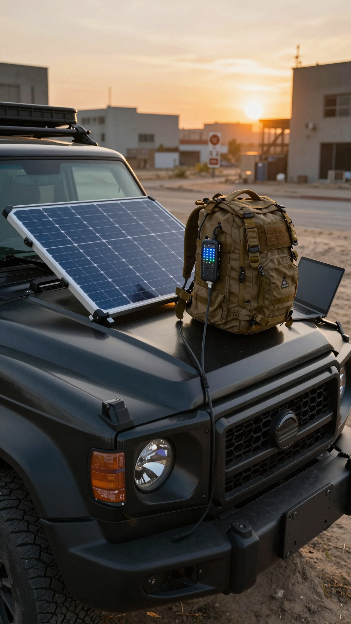 Portable solar panels charging tactical communication gear during an urban blackout