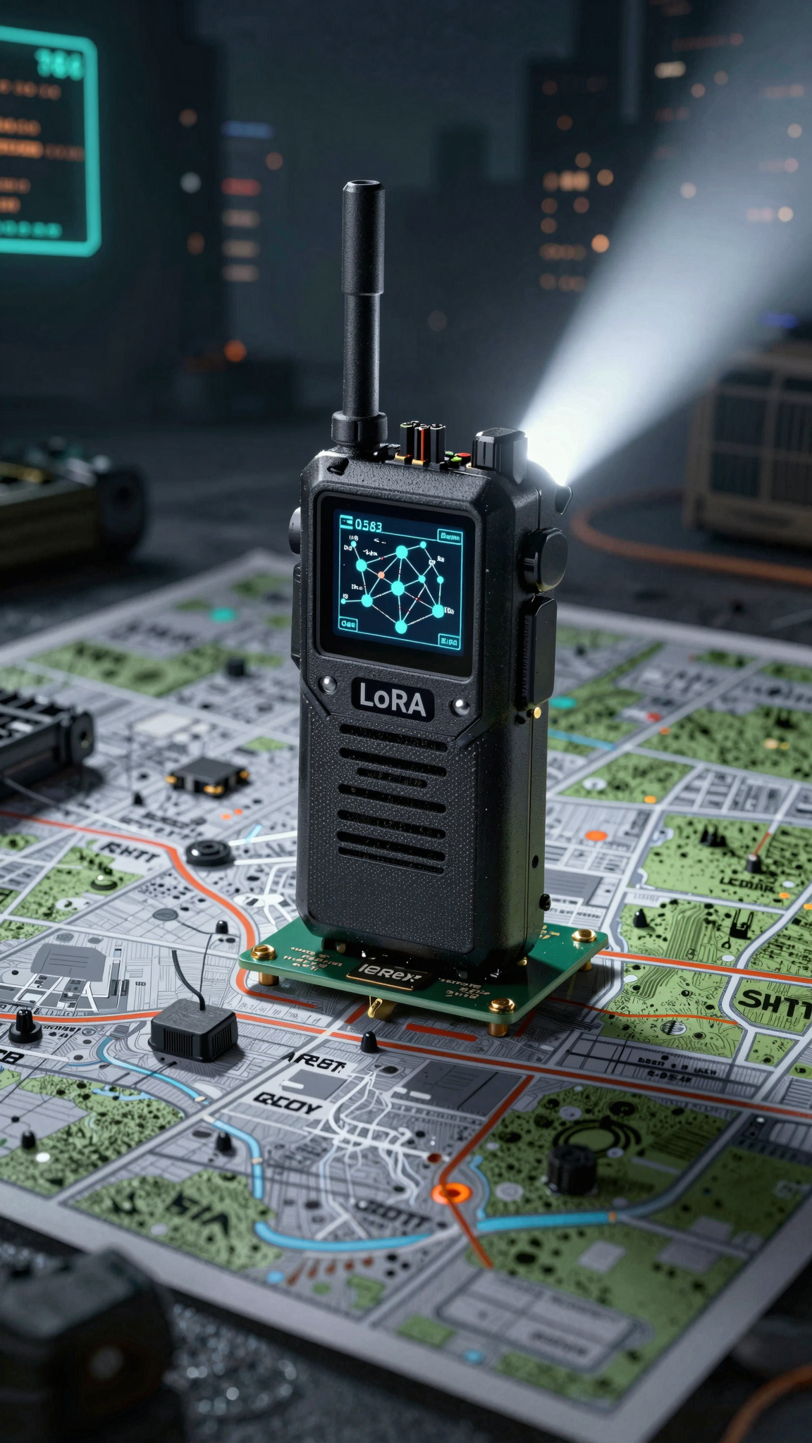 A rugged Meshtastic LoRa node next to a SLNT Faraday bag, representing off-grid encrypted communications and digital survival in a SHTF scenario.