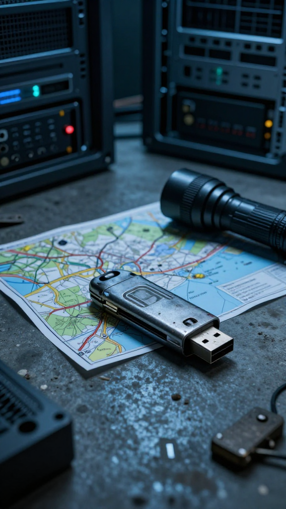rugged encrypted USB drive on a concrete surface, representing offline cold data storage with Kiwix and VeraCrypt for SHTF digital survival.