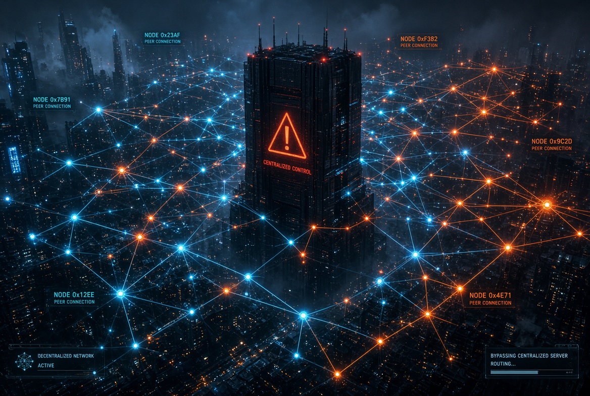 Futuristic peer to peer network bypassing centralized servers.