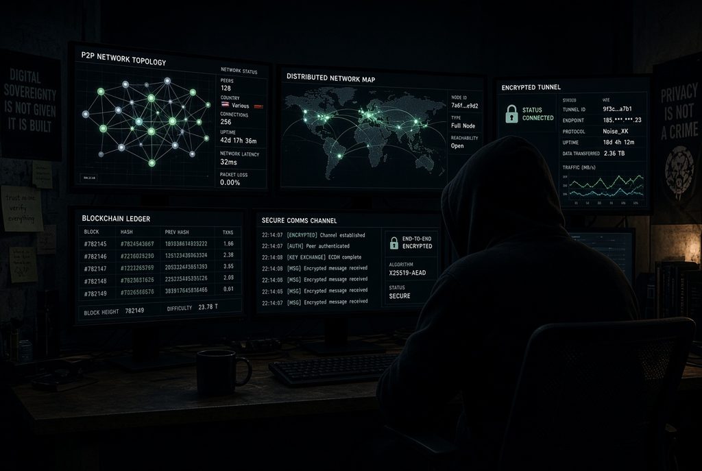 Cyberpunk hacker analyzing a decentralized P2P network for maximum privacy.